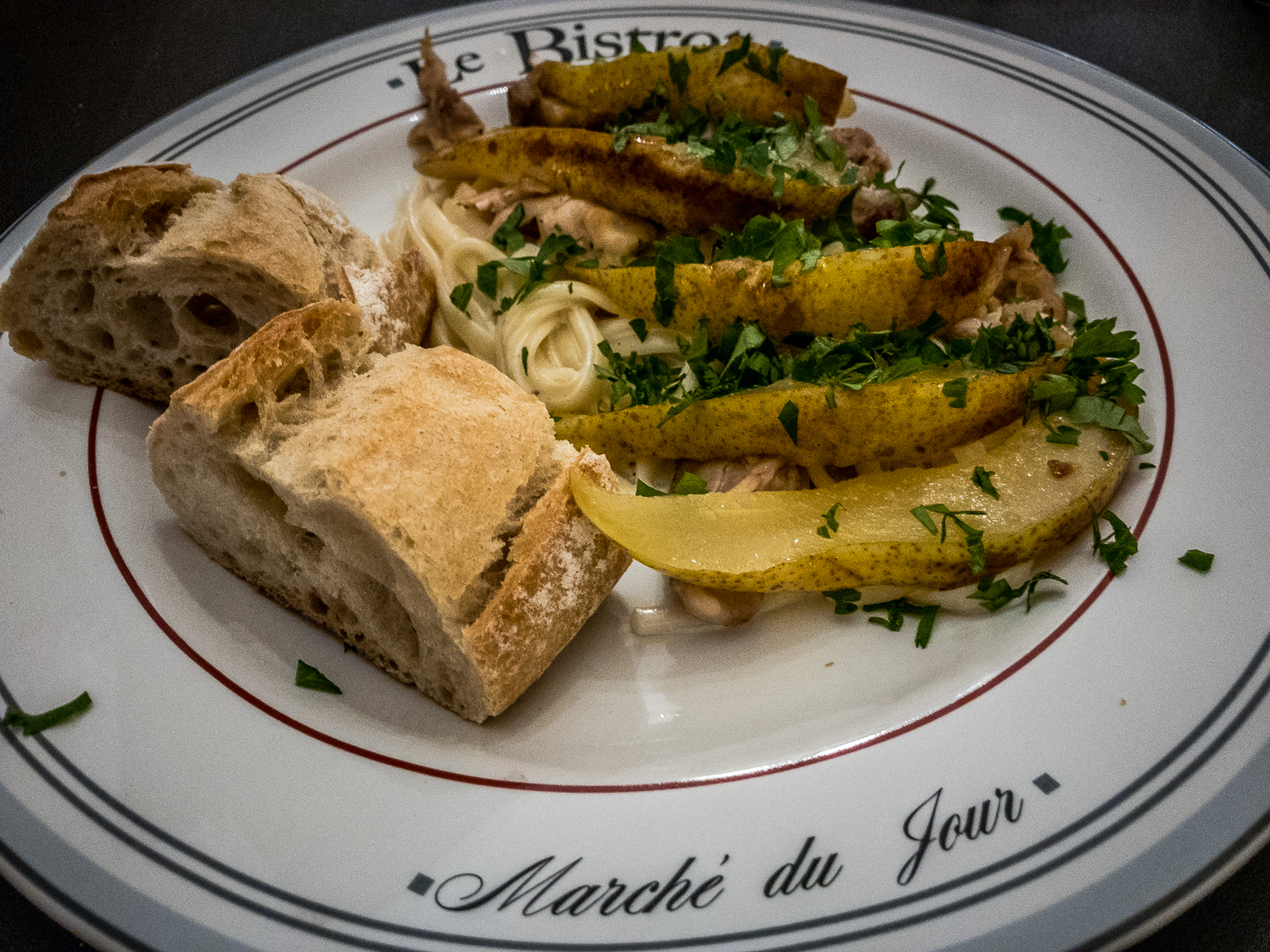 Linguini with Chicken and Thinly Sliced Pears in a Poire William Cream Sauce | Searching4Zen